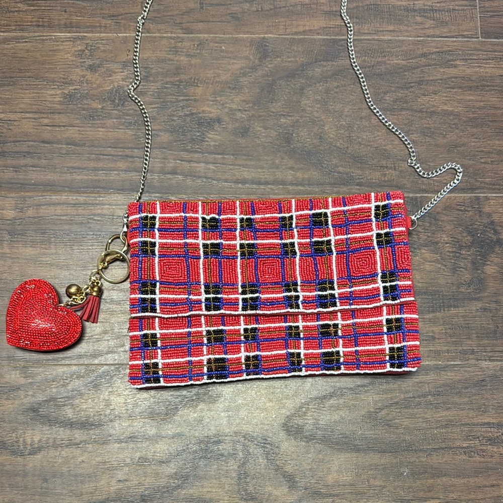 Red and Black Plaid Clutch/purse beaded with Heart Charm